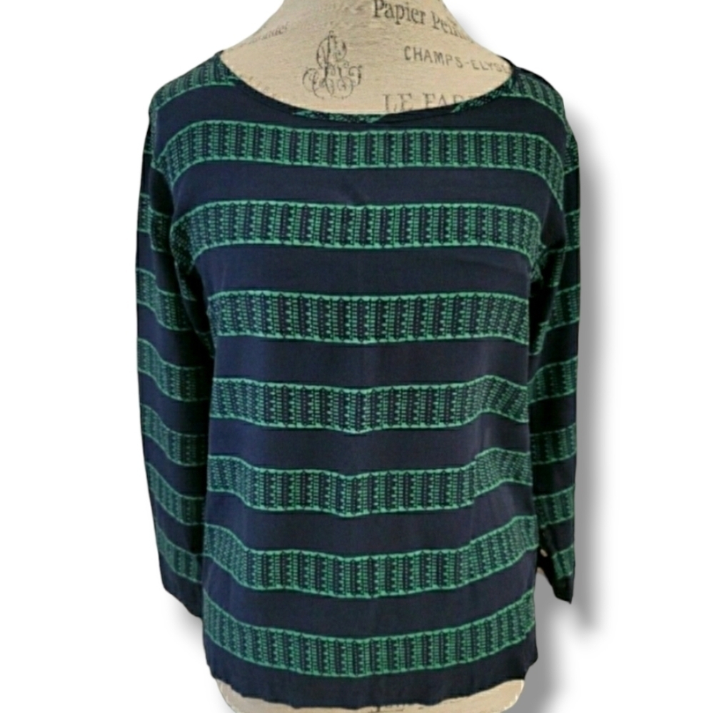 Club Monaco Navy Blue And Green Silk Blouse - Size Small Petite